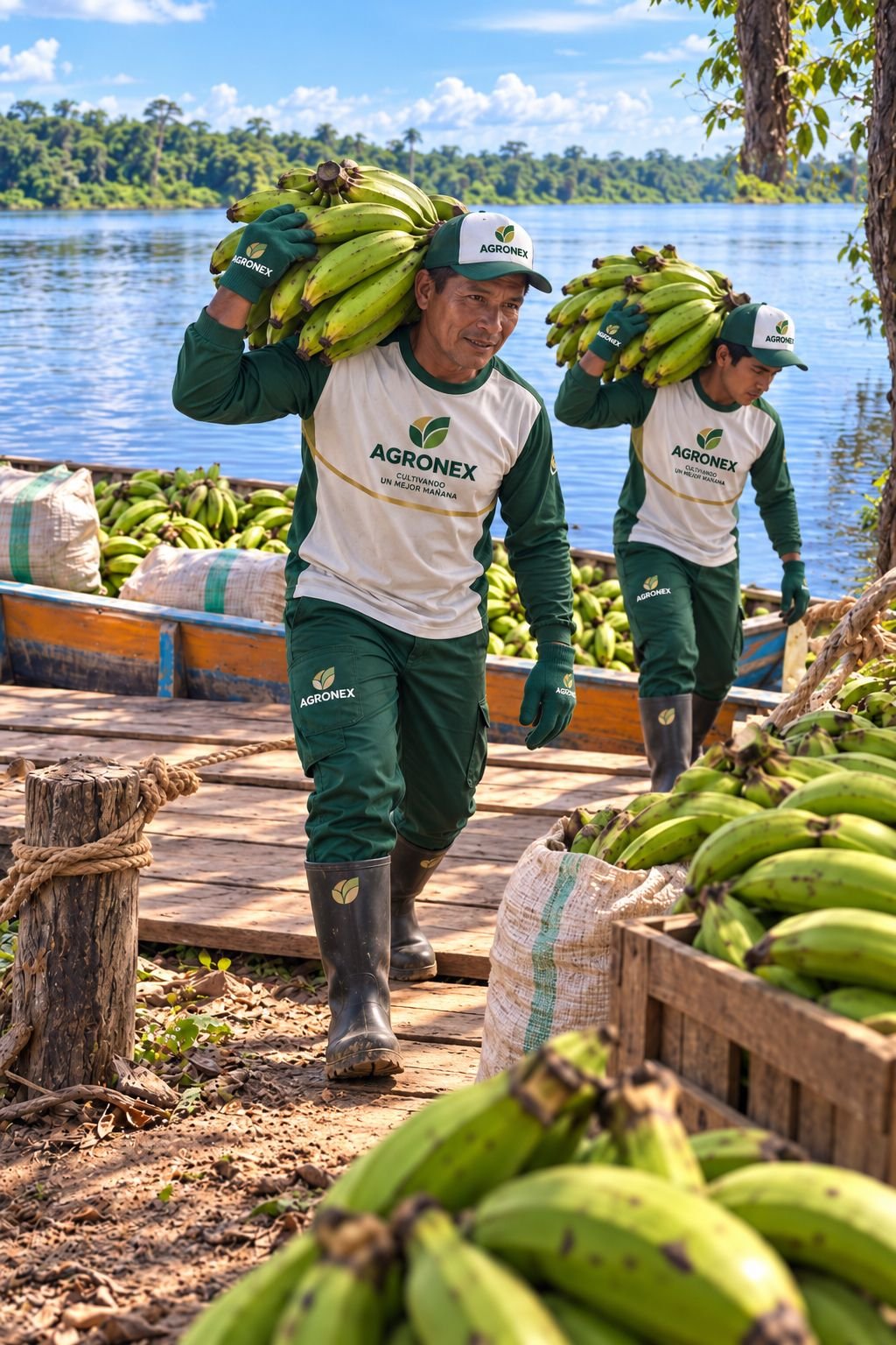 Trabajadores AGRONEX cargando plátanos